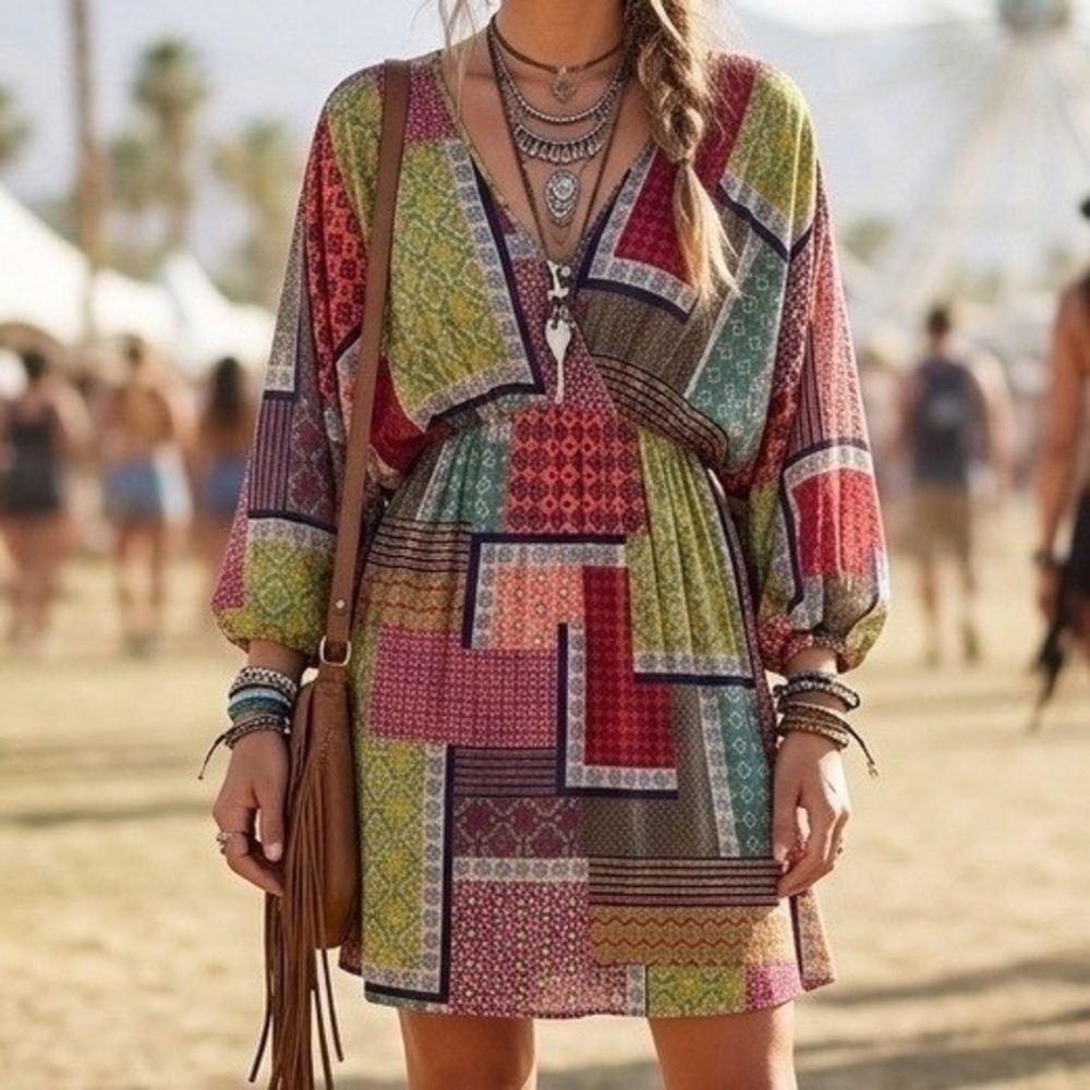Easel‎ Boho Patchwork ED22791 Mini Dress Multicolor Small Festival Hippie Gypsy